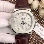 Patek Philippe Nautilus White Face Annual Calendar Watch Brown Leather Strap